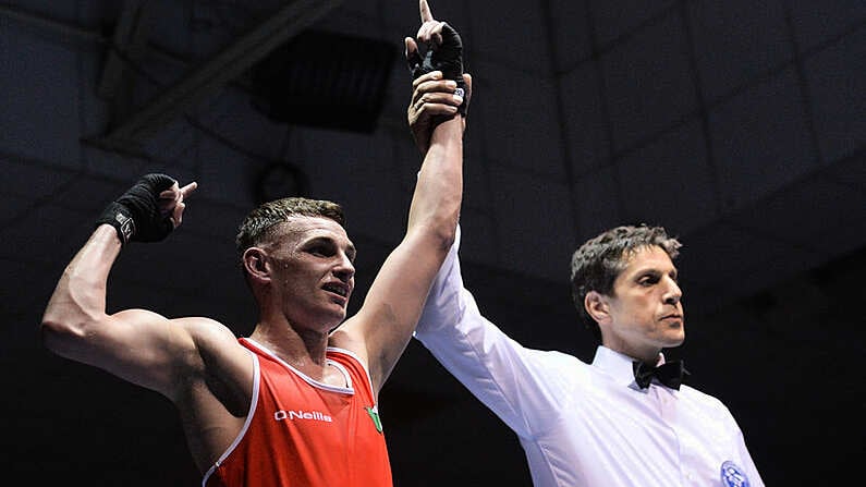 28 April 2017; Sean McComb of Ireland celebrates after defeating Vitaly Dunaystev of Russia during their 64kg bout at the Elite International Boxing Tournament in the National Stadium, Dublin. Photo by Piaras O Midheach/Sportsfile