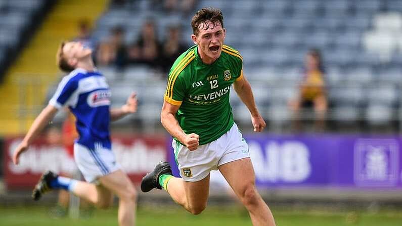 7 July 2018; Bryan McCormack Meath celebrates after scoring his side's third goal during the Electric Ireland Leinster GAA Minor Football Championship Semi-Final match between Laois and Meath at OMoore Park in Portlaoise, Co. Laois. Photo by Eoin Noonan/Sportsfile