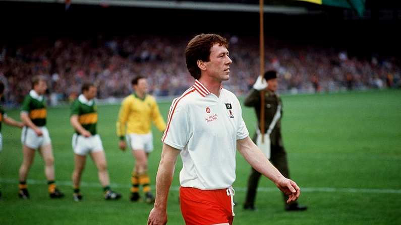 21 September 1986; Tyrone captain Eugene McKenna leads his side in the pre-match parade. Kerry v Tyrone, All-Ireland Football Final, Croke Park, Dublin. Picture credit; Ray McManus / SPORTSFILE