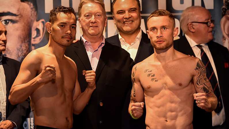 20 March 2018; Nonito Donaire, left, and Carl Frampton after weighing in ahead of their featherweight bout at the Europa Hotel in Belfast. Photo by Oliver McVeigh/Sportsfile