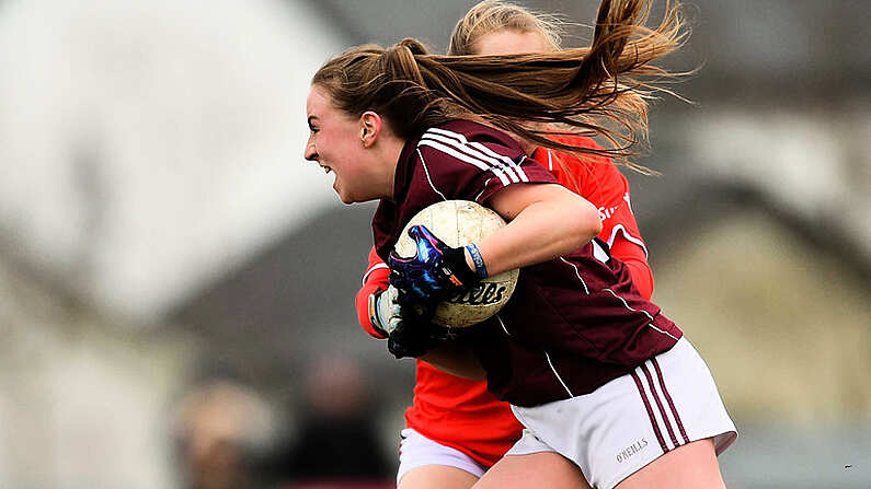 1 April 2018; Ailbhe Davoren of Galway in action against Aisling Kelleher of Cork during the Lidl Ladies Football National League Division 1 Round 7 match between Galway and Cork at Clonberne GAA Pitch in Ballinasloe, Co Galway. Photo by Eoin Noonan/Sportsfile