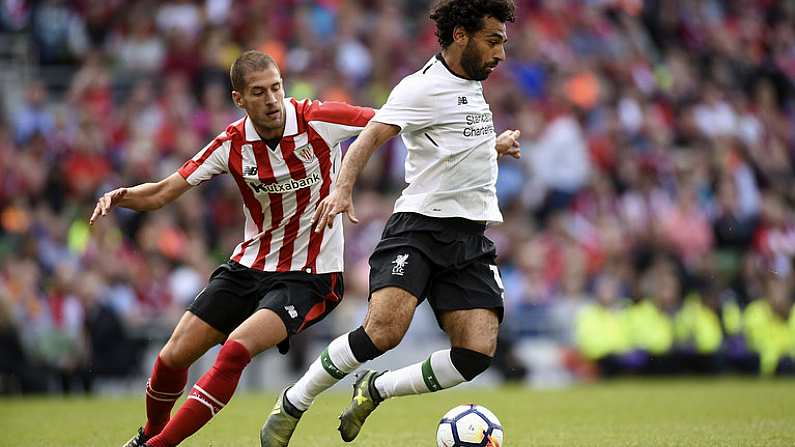 5 August 2017; Mohamed Salah of Liverpool in action against Enric Saborit of Athletic Bilbao during the International Club soccer match between Liverpool and Athletic Bilbao at the Aviva Stadium in Dublin. Photo by Matt Browne/Sportsfile