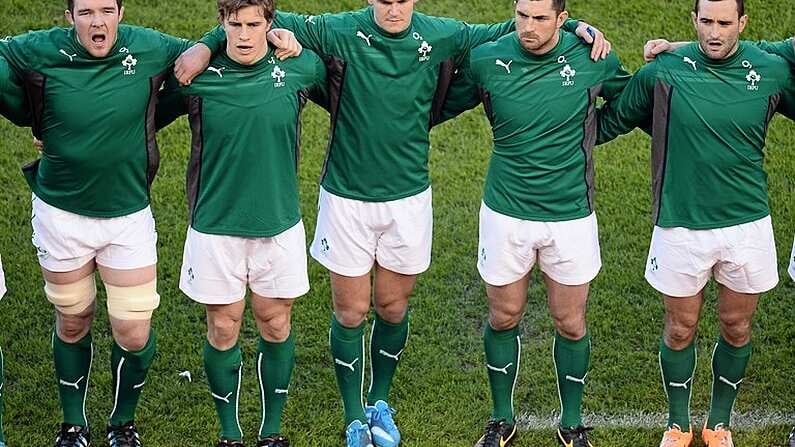 8 February 2014; Ireland players, from left, Peter O'Mahony, Andrew Trimble, Jonathan Sexton, Rob Kearney and Dave Kearney sing the national anthem before the game. RBS Six Nations Rugby Championship, Ireland v Wales, Aviva Stadium, Lansdowne Road, Dublin. Picture credit: Brendan Moran / SPORTSFILE