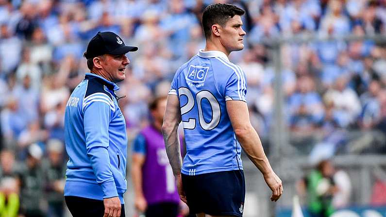 27 August 2017; Dublin manager Jim Gavin in conversation with Diarmuid Connolly during the GAA Football All-Ireland Senior Championship Semi-Final match between Dublin and Tyrone at Croke Park in Dublin. Photo by Ramsey Cardy/Sportsfile