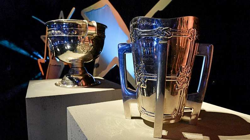 24 October 2014; A general view of the Liam MacCarthy Cup and the Sam Maguire Cup during the 2014 GAA GPA All-Star Awards, sponsored by Opel. Convention Centre, Dublin. Picture credit: Brendan Moran / SPORTSFILE