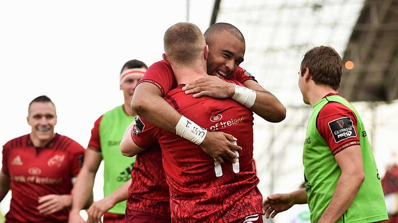 5 May 2018; Keith Earls of Munster is congratulated by Simon Zebo after scoring his sides second try during the Guinness PRO14 semi-final play-off match between Munster and Edinburgh at Thomond Park in Limerick. Photo by Sam Barnes/Sportsfile