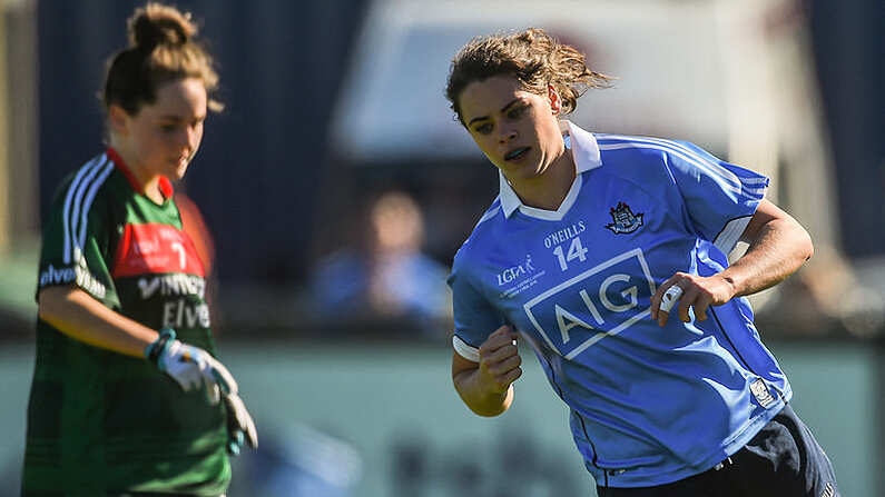 6 May 2018; Noelle Healy of Dublin celebrates scoring her side's third goal during the Lidl Ladies Football National League Division 1 Final match between Dublin and Mayo at Parnell Park in Dublin. Photo by Piaras O Midheach/Sportsfile