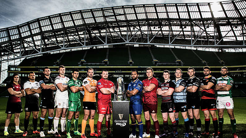 23 August 2017; PRO14 players, from left, CJ Velleman of Southern Kings, Tommaso Castello of Zebre, Ryan Wilson of Glasgow Warriors, Iain Henderson of Ulster, Tiernan O'Halloran of Connacht, Niell Jordaan of Toyota Cheetahs, Ken Owens of Scarlets, Isa Nacewa of Leinster, CJ Stander of Munster, Mark Bennett of Edinburgh, Gethin Jenkins of Cardiff Blues, Dan Lydiate of Ospreys, Cory Hill of Dragons and Dean Budd of Benetton, at the Guinness PRO14 season launch at the Aviva Stadium in Dublin. Photo by Ramsey Cardy/Sportsfile