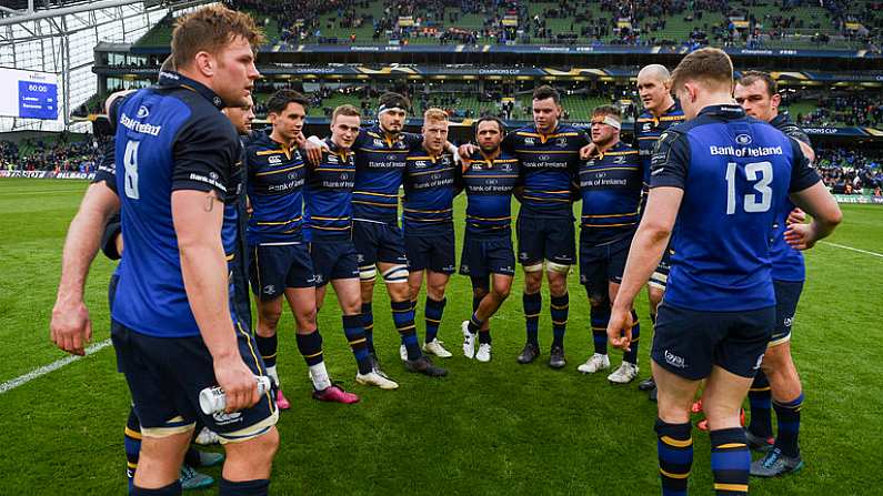 1 April 2018; The Leinster team huddle following the European Rugby Champions Cup quarter-final match between Leinster and Saracens at the Aviva Stadium in Dublin. Photo by Ramsey Cardy/Sportsfile