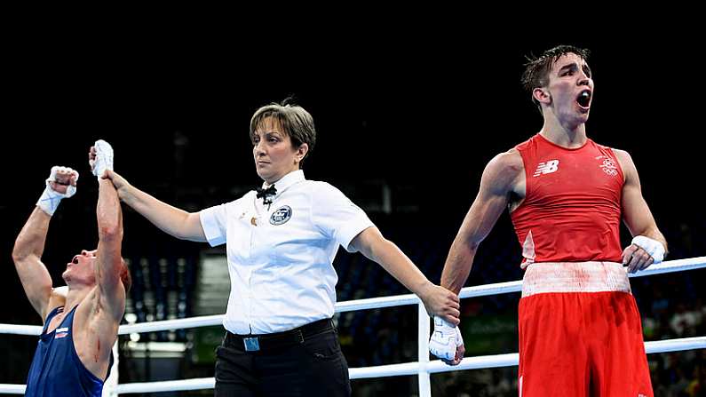 16 August 2016; Vladimir Nikitin of Russia is declared victorious over Michael Conlan of Ireland during their Bantamweight Quarter final bout at the Riocentro Pavillion 6 Arena during the 2016 Rio Summer Olympic Games in Rio de Janeiro, Brazil. Photo by Stephen McCarthy/Sportsfile