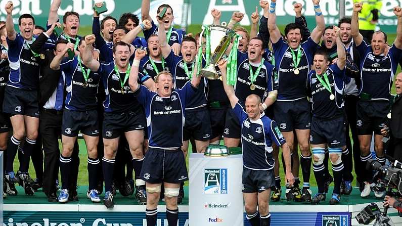 23 May 2009; Leinster captain Leo Cullen, Chris Whitaker and their team-mates celebrate after lifting the Heineken Cup after victory over Leicester Tigers. Heineken Cup Final, Leinster v Leicester Tigers, Murrayfield Stadium, Edinburgh, Scotland. Picture credit: Matt Browne / SPORTSFILE