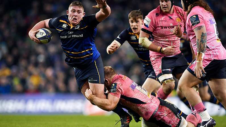 16 December 2017; Tadhg Furlong of Leinster is tackled by Matt Kvesic of Exeter Chiefs during the European Rugby Champions Cup Pool 3 Round 4 match between Leinster and Exeter Chiefs at the Aviva Stadium in Dublin. Photo by Brendan Moran/Sportsfile