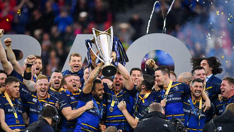 12 May 2018; Isa Nacewa and Jordi Murphy of Leinster lift the cup after the European Rugby Champions Cup Final match between Leinster and Racing 92 at the San Mames Stadium in Bilbao, Spain. Photo by Ramsey Cardy/Sportsfile