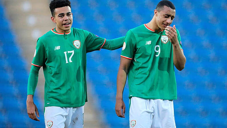 14 May 2018; Tyriek Wright, left, of Republic of Ireland consoles team-mate Adam Idah following the UEFA U17 Championship Quarter-Final match between Netherlands and Republic of Ireland at Proact Stadium in Chesterfield, England. Photo by Malcolm Couzens/Sportsfile