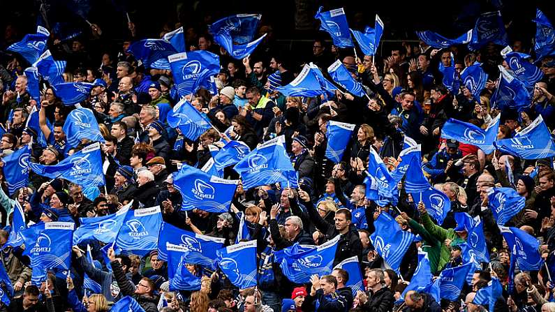 7 October 2017; Leinster supporters celebrate a try during the Guinness PRO14 Round 6 match between Leinster and Munster at the Aviva Stadium in Dublin. Photo by Cody Glenn/Sportsfile