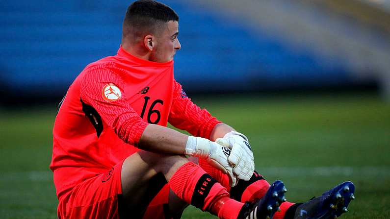 14 May 2018; Goalkeeper Jimmy Corcoran of Republic of Ireland reacts after he was sent off during the penalty shoot out during the UEFA U17 Championship Quarter-Final match between Netherlands and Republic of Ireland at Proact Stadium in Chesterfield, England. Photo by Malcolm Couzens/Sportsfile