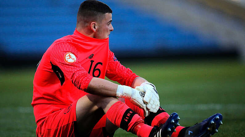 14 May 2018; Goalkeeper Jimmy Corcoran of Republic of Ireland reacts after he was sent off during the penalty shoot out during the UEFA U17 Championship Quarter-Final match between Netherlands and Republic of Ireland at Proact Stadium in Chesterfield, England. Photo by Malcolm Couzens/Sportsfile