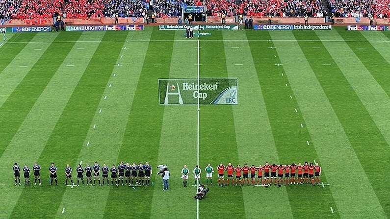 2 May 2009; The Leinster and Munster teams stand for a minute silence in memory of the late Dr. Karl Mullen. Heineken Cup Semi-Final, Munster v Leinster, Croke Park, Dublin. Picture credit: Ray McManus / SPORTSFILE