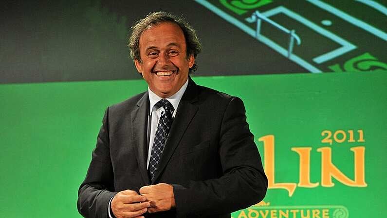 19 April 2011; UEFA President Michel Platini, pictured before handing over the UEFA Europa League Trophy to Cllr. Gerry Breen, Lord Mayor of Dublin, for the city to keep and display to the public until the UEFA Europa League final, to be played at the Aviva Stadium on Wednesday 18 May. Royal Hospital Kilmainham, Dublin. Picture credit: David Maher / SPORTSFILE