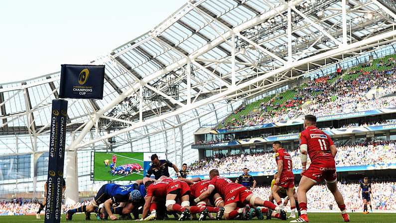 21 April 2018; A general view of a scrum during the European Rugby Champions Cup Semi-Final match between Leinster Rugby and Scarlets at the Aviva Stadium in Dublin. Photo by Sam Barnes/Sportsfile