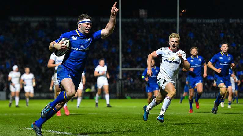 6 January 2018; Fergus McFadden of Leinster celebrates on his way to scoring his side's fourth try during the Guinness PRO14 Round 13 match between Leinster and Ulster at the RDS Arena in Dublin. Photo by Ramsey Cardy/Sportsfile