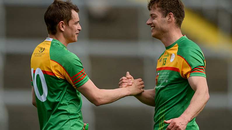 13 May 2018; Carlow's Sean Gannon, left, and Paul Broderick celebrate after the Leinster GAA Football Senior Championship Preliminary Round match between Louth and Carlow at O'Moore Park in Laois. Photo by Piaras O Midheach/Sportsfile