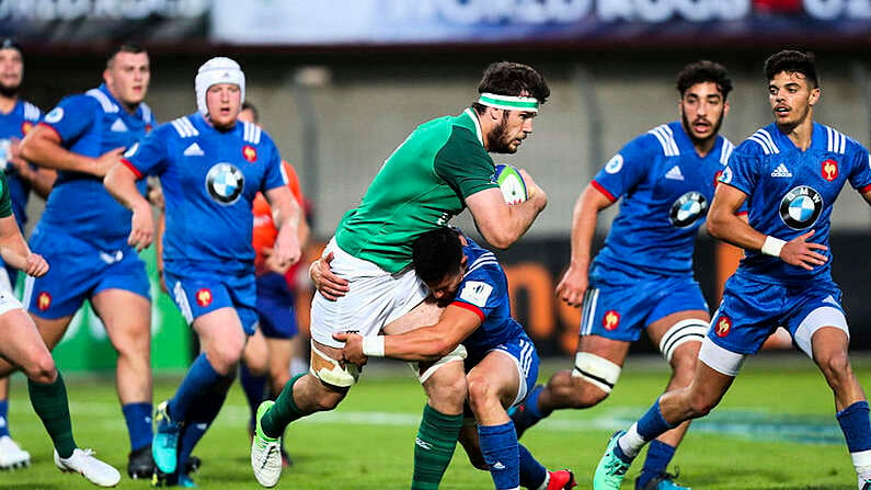 30 May 2018; Caelan Doris of Ireland is tackled by Adrien Seguret of France during the World Rugby U20 Championship 2018 Pool C match between France and Ireland at the Stade Aime Giral in Perpignan, France. Photo by Willy Mellet/Sportsfile