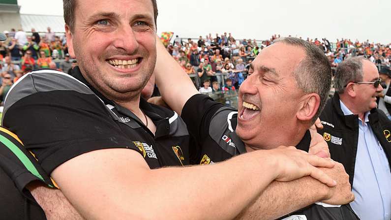 27 May 2018; Carlow trainer and selector Steven Poacher celebrates with team manager Turlough O'Brien after the Leinster GAA Football Senior Championship Quarter-Final match between Carlow and Kildare at O'Connor Park in Tullamore, Offaly. Photo by Matt Browne/Sportsfile