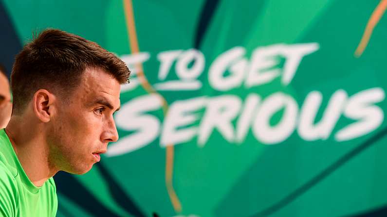 31 May 2018; Seamus Coleman during a Republic of Ireland press conference at the FAI National Training Centre in Abbotstown, Dublin. Photo by Stephen McCarthy/Sportsfile