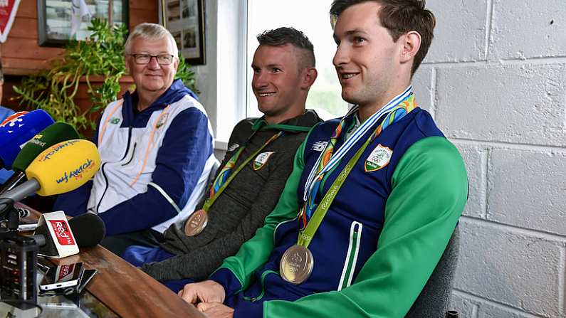 29 August 2016; Rio 2016 Olympic silver medallist and 2016 World Championships gold medallist Paul O'Donovan, right, with his brother, Rio 2016 Olympic silver medallist, Gary O'Donovan and Morton Espersen, High Performance Director, Rowing Ireland, during a press conference at the Skibbereen Rowing Club in Skibbereen, Co. Cork. Photo by Brendan Moran/Sportsfile