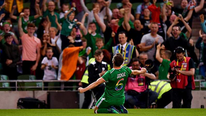 2 June 2018; Alan Judge of Republic of Ireland celebrates after scoring his side's second goal during the International Friendly match between Republic of Ireland and the United States at the Aviva Stadium in Dublin. Photo by Seb Daly/Sportsfile