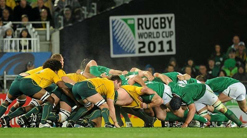 17 September 2011; The Ireland and Australia packs engage in a scrum. 2011 Rugby World Cup, Pool C, Australia v Ireland, Eden Park, Auckland, New Zealand. Picture credit: Brendan Moran / SPORTSFILE