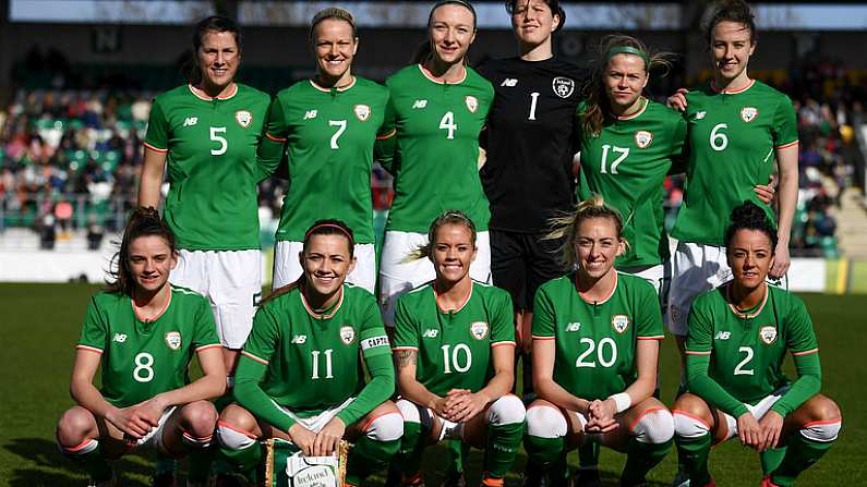 6 April 2018; The Republic of Ireland team, back row, from left, Niamh Fahey, Diane Caldwell, Louise Quinn, Marie Hourihan, Ruesha Littlejohn and Karen Duggan, with front row, Leanne Kiernan, Katie McCabe, Denise O'Sullivan, Megan Connolly and Sophie Perry-Campbell prior to the 2019 FIFA Women's World Cup Qualifier match between Republic of Ireland and Slovakia at Tallaght Stadium in Tallaght, Dublin. Photo by Stephen McCarthy/Sportsfile