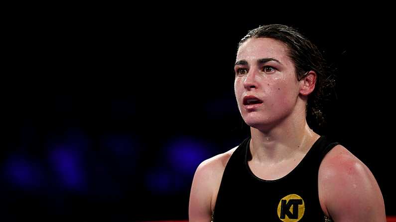 28 April 2018; Katie Taylor during her WBA and IBF World Lightweight unification bout with Victoria Bustos at the Barclays Center in Brooklyn, New York. Photo by Stephen McCarthy/Sportsfile