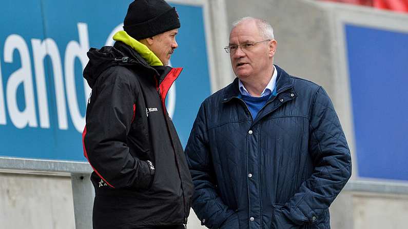 9 February 2017; Les Kiss, Ulster Director of Rugby, left, along with Shane Logan, CEO Ulster Rugby, during the captain's run at the Kingspan Stadium, Belfast. Photo by Oliver McVeigh/Sportsfile