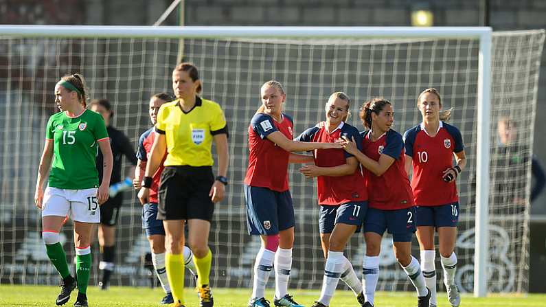 8 June 2018; Lisa-Marie Utland, second from left, celebrates with her Norway team-mates Frida Maanum, left, and Ingrid Wold, 2, after scoring her side's second goal during the 2019 FIFA Women's World Cup Qualifier match between Republic of Ireland and Norway at Tallaght Stadium in Tallaght, Dublin. Photo by Stephen McCarthy/Sportsfile