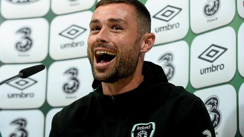 10 October 2013; Republic of Ireland's Damien Delaney during a press conference ahead of their 2014 FIFA World Cup Qualifier, Group C, game against Germany on Friday. Republic of Ireland Press Conference, Rhine Energie Stadion, Cologne, Germany. Picture credit: David Maher / SPORTSFILE