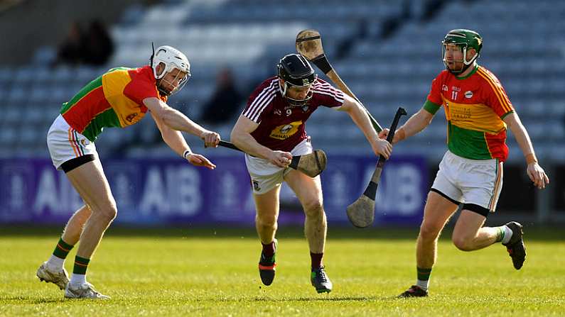 24 March 2018; Cormac Boyle of Westmeath in action against Jack Kavanagh, left, and Paul Coady of Carlow during the Allianz Hurling League Division 2A Final match between Westmeath and Carlow at O'Moore Park in Portlaoise, Laois. Photo by Piaras O Midheach/Sportsfile