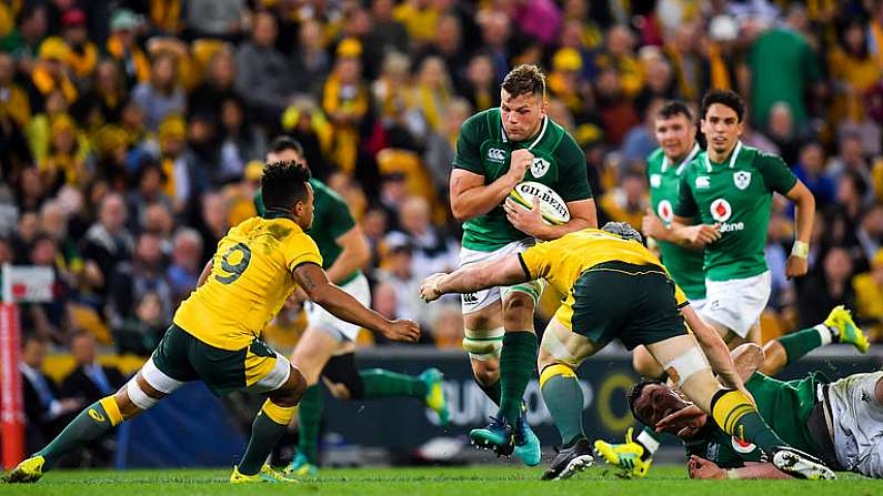 9 June 2018; Jordi Murphy of Ireland in action against Will Genia and David Pocock of Australia during the 2018 Mitsubishi Estate Ireland Series 1st Test match between Australia and Ireland at Suncorp Stadium, in Brisbane, Australia. Photo by Brendan Moran/Sportsfile