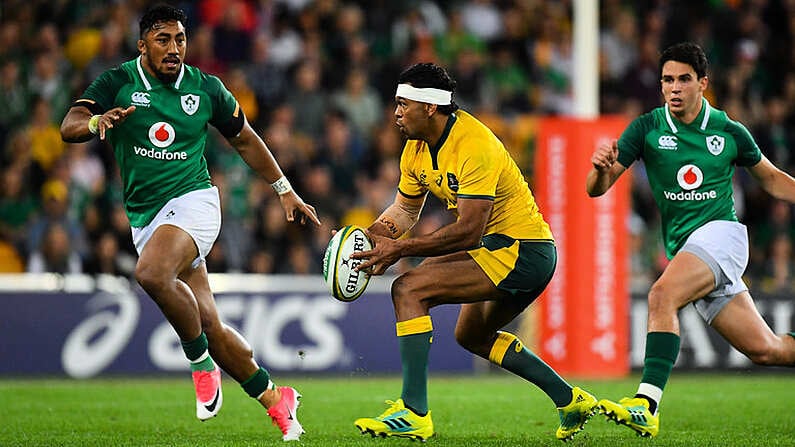 9 June 2018; Kurtley Beale of Australia in action against Bundee Aki of Ireland during the 2018 Mitsubishi Estate Ireland Series 1st Test match between Australia and Ireland at Suncorp Stadium, in Brisbane, Australia. Photo by Brendan Moran/Sportsfile