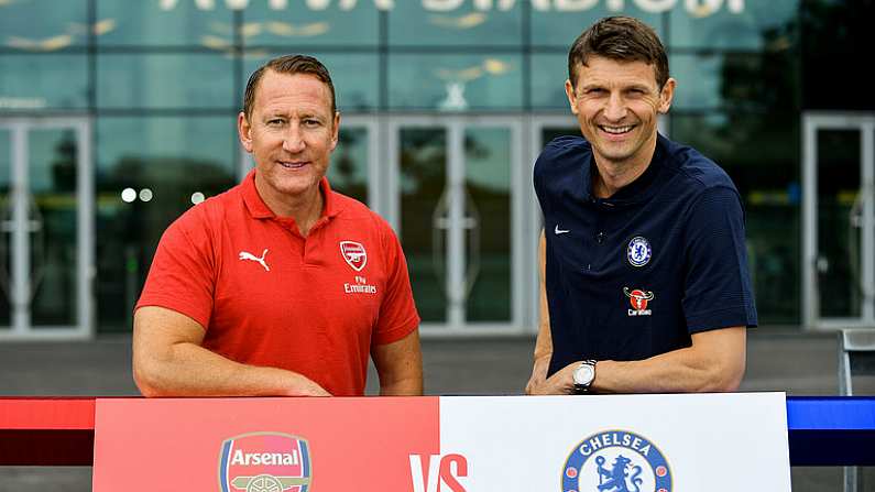 13 June 2018; Former Arsenal player Ray Parlour, and former Chelsea player Tore Andre Flo in attendance during an International Club Game Announcement which will see Arsenal play Chelsea on the 1st of August 2018 at Aviva Stadium, in Dublin.  Photo by Sam Barnes/Sportsfile