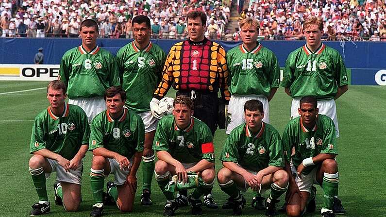 18 June 1994. The Republic of Ireland team who defeated Italy during the pool games of World Cup USA 1994. Back row, left to right: Roy Keane, Paul McGrath, Packie Bonner, Tommy Coyne and Steve Staunton. Fromt, l to r; John Sheridan, Ray Houghton, Andy Townsend, captain, Denis Irwin and Phil Babb. Missing from pic is Terry Phelan. World Cup Finals, Rep of Ireland v Italy, Giants Stadium, New Jersey,USA. Picture credit: David Maher / SPORTSFILE