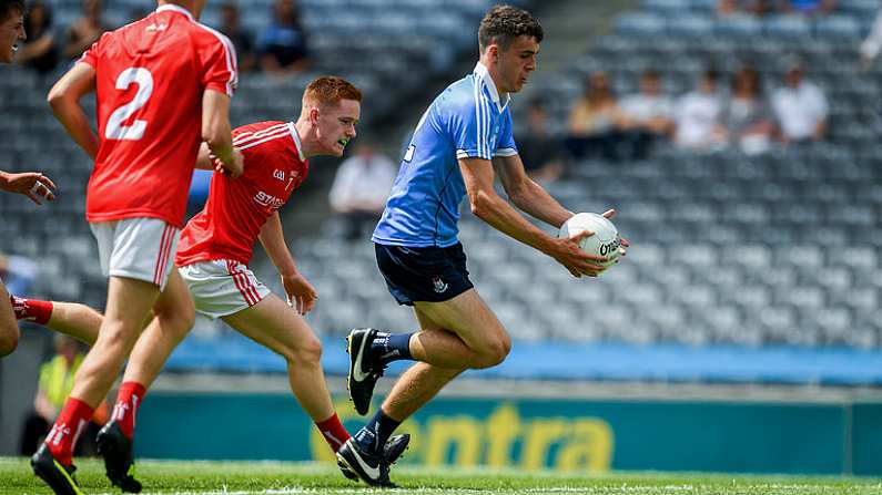 16 July 2017; James Madden of Dublin races past James OReilly of Louth to score a goal in the 7th minute of the Electric Ireland Leinster GAA Football Minor Championship Final match between Dublin and Louth at Croke Park in Dublin. Photo by Ray McManus/Sportsfile