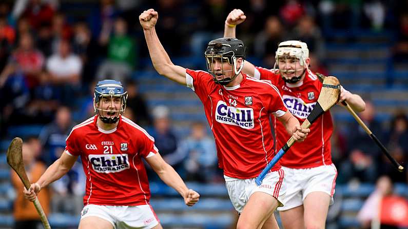 17 June 2018; Padraig Power of Cork celebrates with teammates after scoring his side's second goal during the Electric Ireland Munster GAA Hurling Minor Championship Round 5 match between Waterford and Cork at Semple Stadium in Thurles, Tipperary.