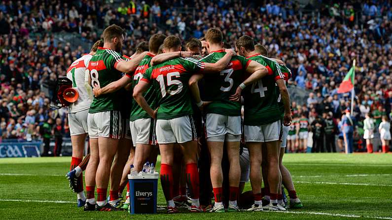 17 September 2017; Mayo players in a huddle before the GAA Football All-Ireland Senior Championship Final match between Dublin and Mayo at Croke Park in Dublin. Photo by Piaras O Midheach/Sportsfile