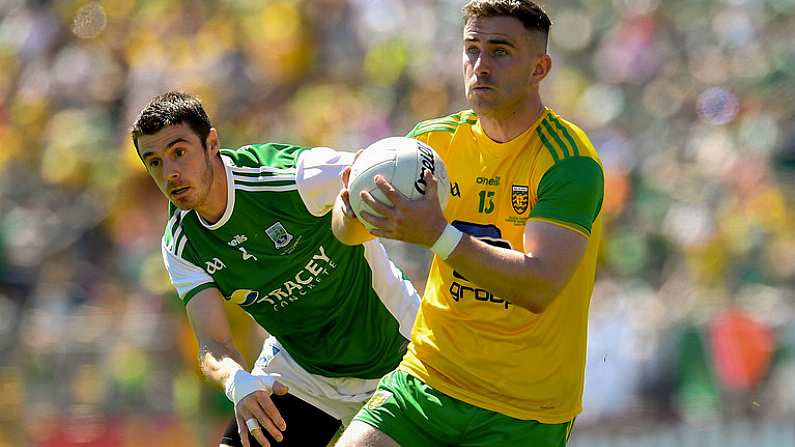 24 June 2018; Patrick McBrearty of Donegal in action against Michael Jones of Fermanagh during the Ulster GAA Football Senior Championship Final match between Donegal and Fermanagh at St Tiernach's Park in Clones, Monaghan. Photo by Ramsey Cardy/Sportsfile