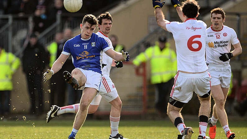 12 March 2017; Dara McVeety of Cavan in action against Justin McMahon of Tyrone during the Allianz Football League Division 1 Round 3 Refixture match between Tyrone and Cavan at Healy Park in Omagh, Co. Tyrone. Photo by Oliver McVeigh/Sportsfile