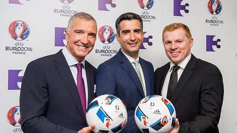 23 May 2016; Graeme Souness, left, host Tommy Martin and Neil Lennon pictured at the Virgin Media TV3 HD Studio to announce TV3s Euro 2016 coverage plans. New additions to TV3s football coverage include Joey Barton, Keith Andrews, Gerry Armstrong and Lawrie Sanchez while Harry Redknapp and Kevin Kilbane will also be regular contributors throughout the tournament. TV3 will broadcast 22 live UEFA Euro 2016 matches this summer kicking off on Saturday 11th June with the pick of the opening weekend matches; Englands tournament opener against Russia. Following this opening game on TV3, the broadcaster will air 20 other games exclusively live from UEFA Euro 2016 live on Free-To-Air television in Ireland, including matches from the last 16 and quarter finals. TV3 will also broadcast the final on 10th July in Paris. Virgin Media TV3 HD Studio, Ballymount, Dublin. 22 May 2016; Neil Lennon and Graeme Souness pictured at the Virgin Media TV3 HD Studio today to announce TV3s Euro 2016 coverage plans. New additions to TV3s football coverage include Joey Barton, Keith Andrews, Gerry Armstrong and Lawrie Sanchez while Harry Redknapp and Kevin Kilbane will also be regular contributors throughout the tournament. TV3 will broadcast 22 live UEFA Euro 2016 matches this summer kicking off on Saturday 11th June with the pick of the opening weekend matches; Englands tournament opener against Russia. Following this opening game on TV3, the broadcaster will air 20 other games exclusively live from UEFA Euro 2016 live on Free-To-Air television in Ireland, including matches from the last 16 and quarter finals. TV3 will also broadcast the final on 10th July in Paris. Virgin Media TV3 HD Studio, Ballymount, Dublin. Photo by Ray McManus/Sportsfile