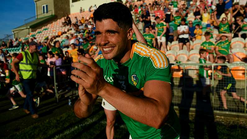 23 June 2018; Emlyn Mulligan of Leitrim celebrates their victory in the GAA Football All-Ireland Senior Championship Round 2 match between Leitrim and Louth at Pairc Sean Mac Diarmada in Carrick-on-Shannon, Co. Leitrim. Photo by Ramsey Cardy/Sportsfile