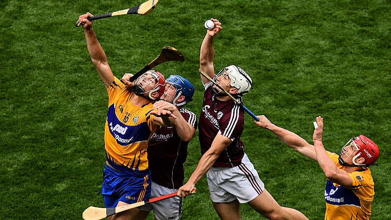 28 July 2018; Peter Duggan, left, and John Conlon of Clare in action against Paul Killeen, left, and Daithi Burke of Galway during the GAA Hurling All-Ireland Senior Championship semi-final match between Galway and Clare at Croke Park in Dublin. Photo by Ramsey Cardy/Sportsfile